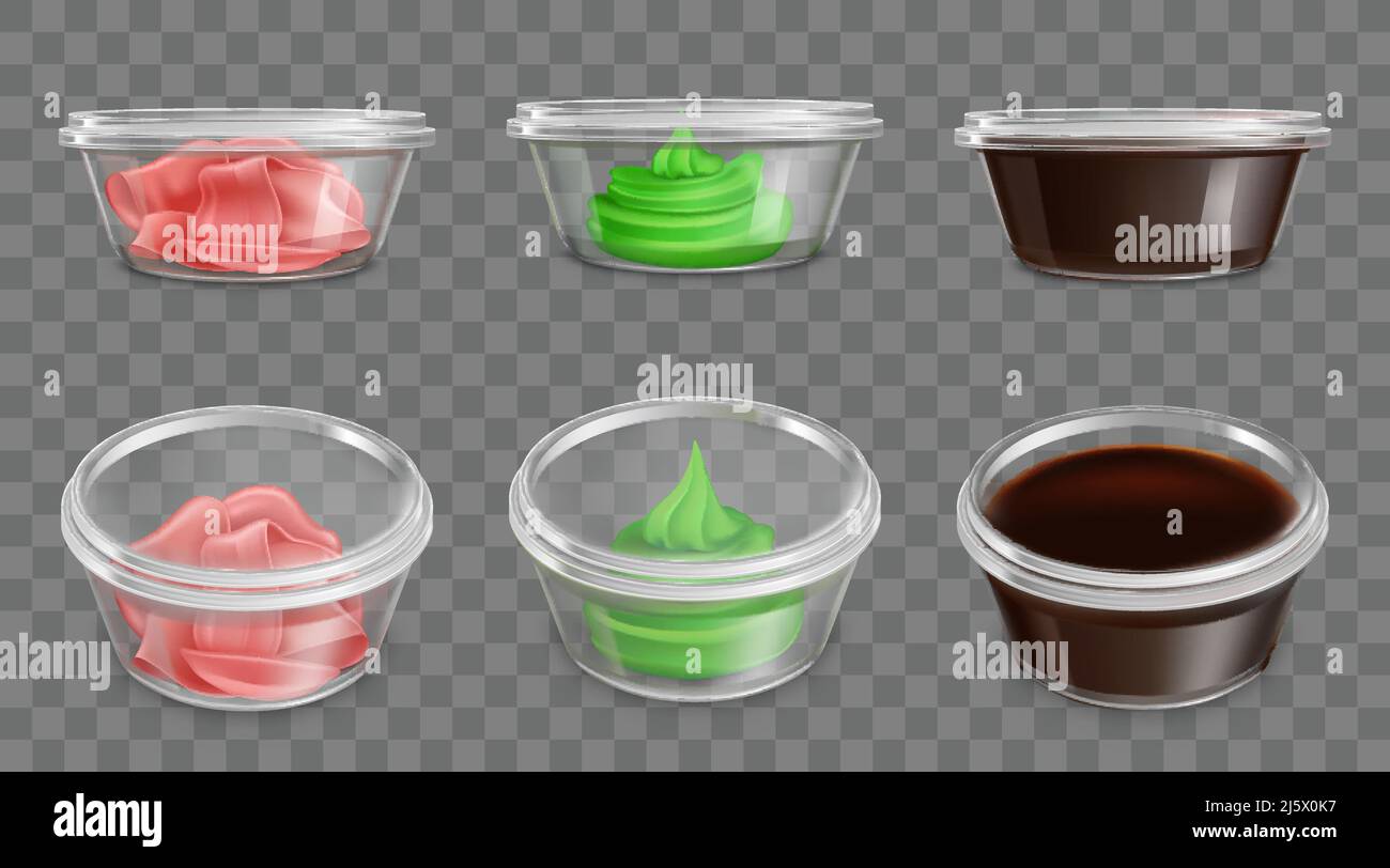 Condimenti e spezie per la cucina giapponese in contenitori di plastica sigillati, trasparenti, laterali, vista dall'alto 3D realistiche illustrazioni vettoriali set isolato. Sushi Illustrazione Vettoriale