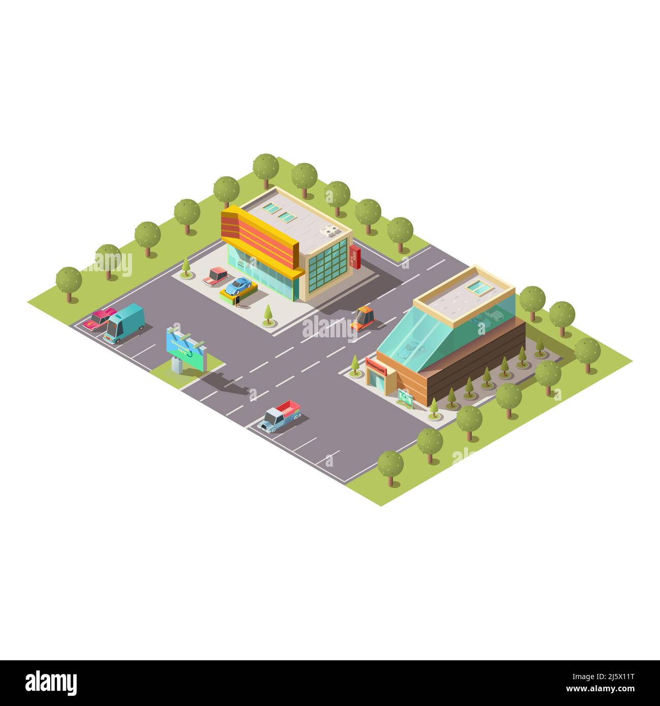 Salone vendita auto nuove, vendita veicoli passeggeri concessionario showroom edificio esterno e parcheggio isolato vettore isometrico. Architettura moderna della città, autobus Illustrazione Vettoriale