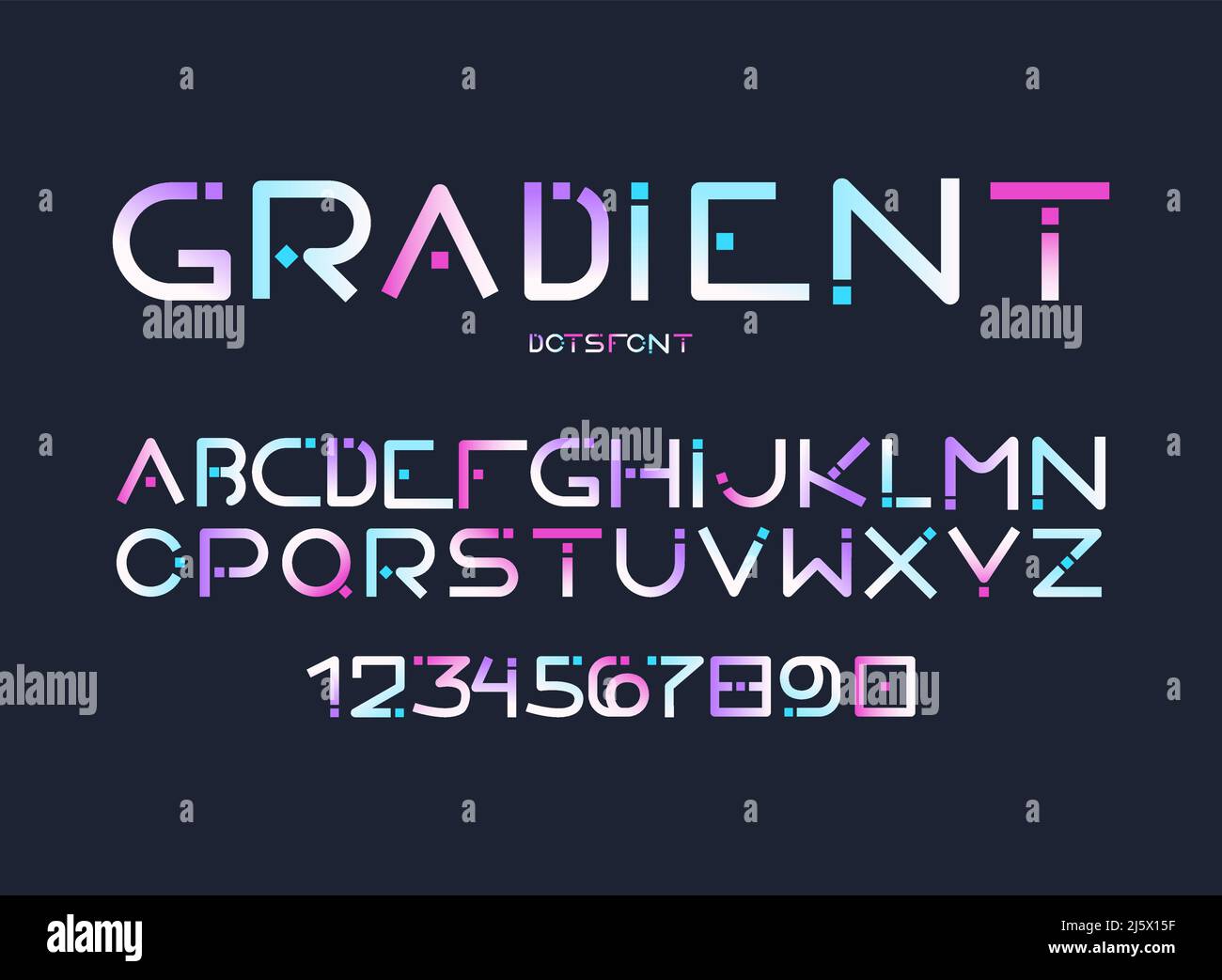 Alfabeto inglese completo, ABC completo con lettere latine, cifre arabiche futuristiche, aspetto digitale, forma arrotondata con punti in blu sfumato, rosa e. Illustrazione Vettoriale
