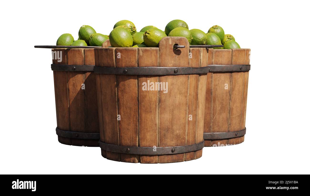 lime, secchi di legno riempiti di succosa agrumi isolati su sfondo bianco Foto Stock