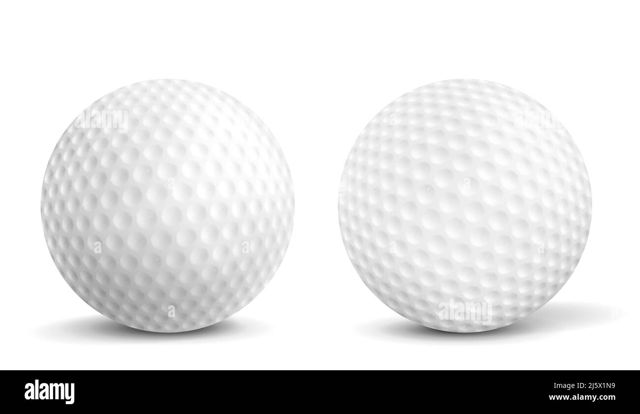 Palline da golf nuove e pulite con aerodinamica che oscura in primo piano, vista frontale, 3D illustrazioni vettoriali realistiche isolate su sfondo bianco con ombre. Golf Illustrazione Vettoriale