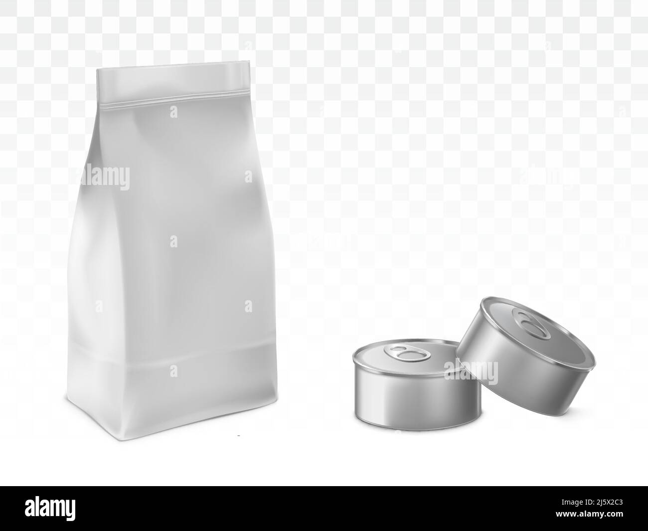 Sacchetto di carta o di alluminio, sacchetto di plastica sigillato e fustellato, lattine di metallo 3D illustrazioni vettoriali realistiche isolate su sfondo bianco trasparente con sha Illustrazione Vettoriale