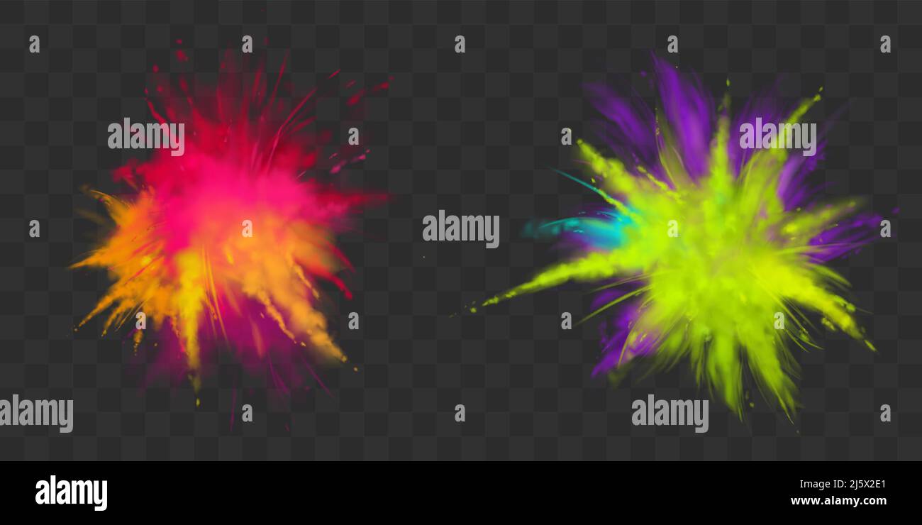 Polvere Holi Paints set isolato su sfondo trasparente nuvole colorate o esplosioni, spruzzi d'inchiostro, decorativo vibrante colorante per festival, tradizione Illustrazione Vettoriale