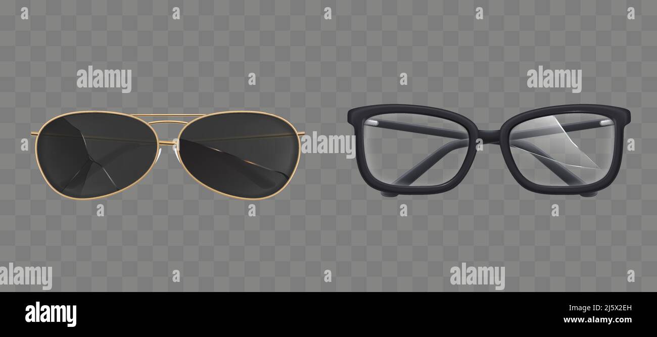 Set di occhiali e occhiali da sole rotti. Occhiali antichi con cornici rettangolari in plastica e occhiali da sole neri moderni con lenti incrinate danneggiate Illustrazione Vettoriale