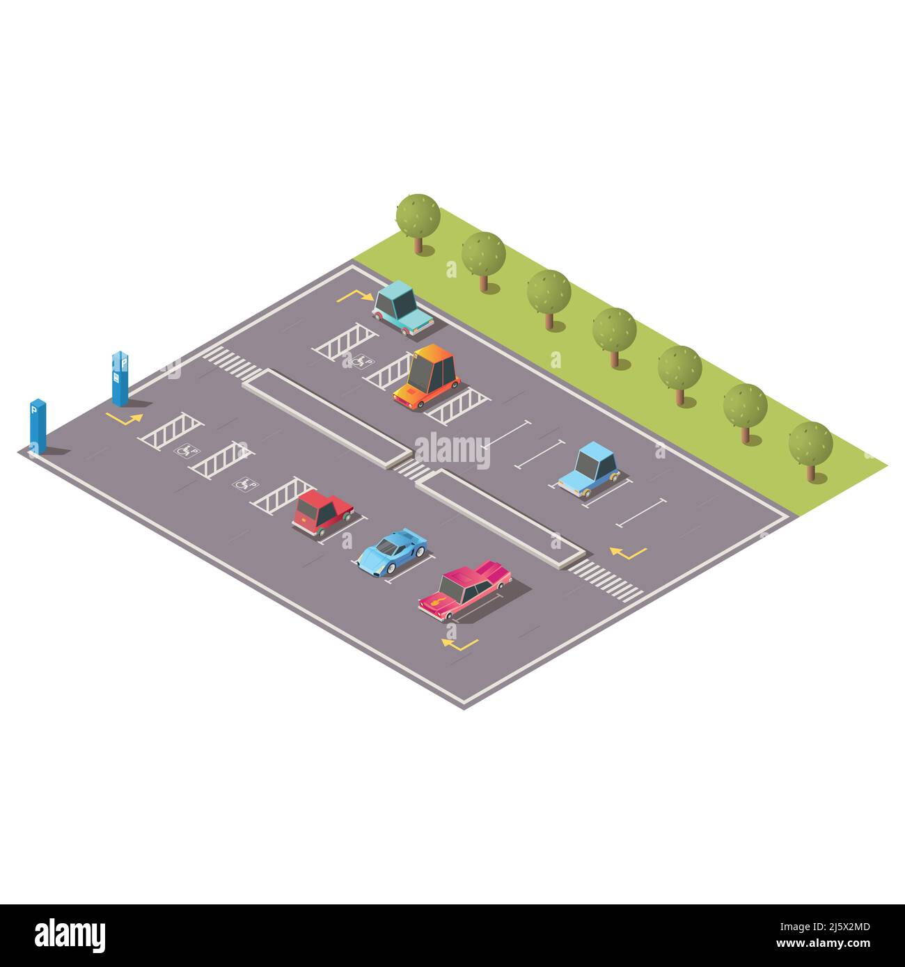 Parcheggio auto di strada città con vari veicoli passeggeri, su strada, parcheggiato su lotti paralleli per disabili isolato, vettore isometrico il Illustrazione Vettoriale