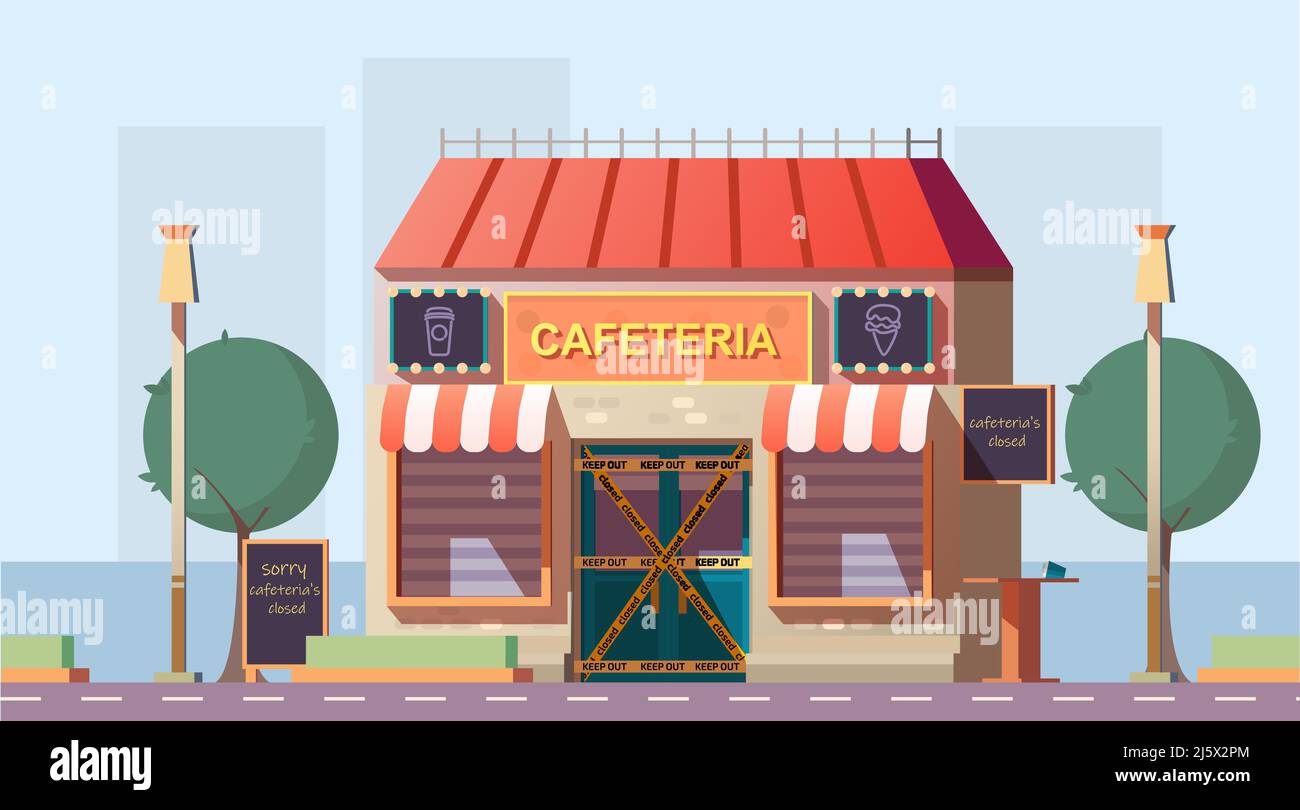 Chiuso per riparazione caffetteria, fallimento aziendale, marcato concetto di scena del crimine. Street Restaurant, fast food cafe', caffetteria esterna con wa Illustrazione Vettoriale