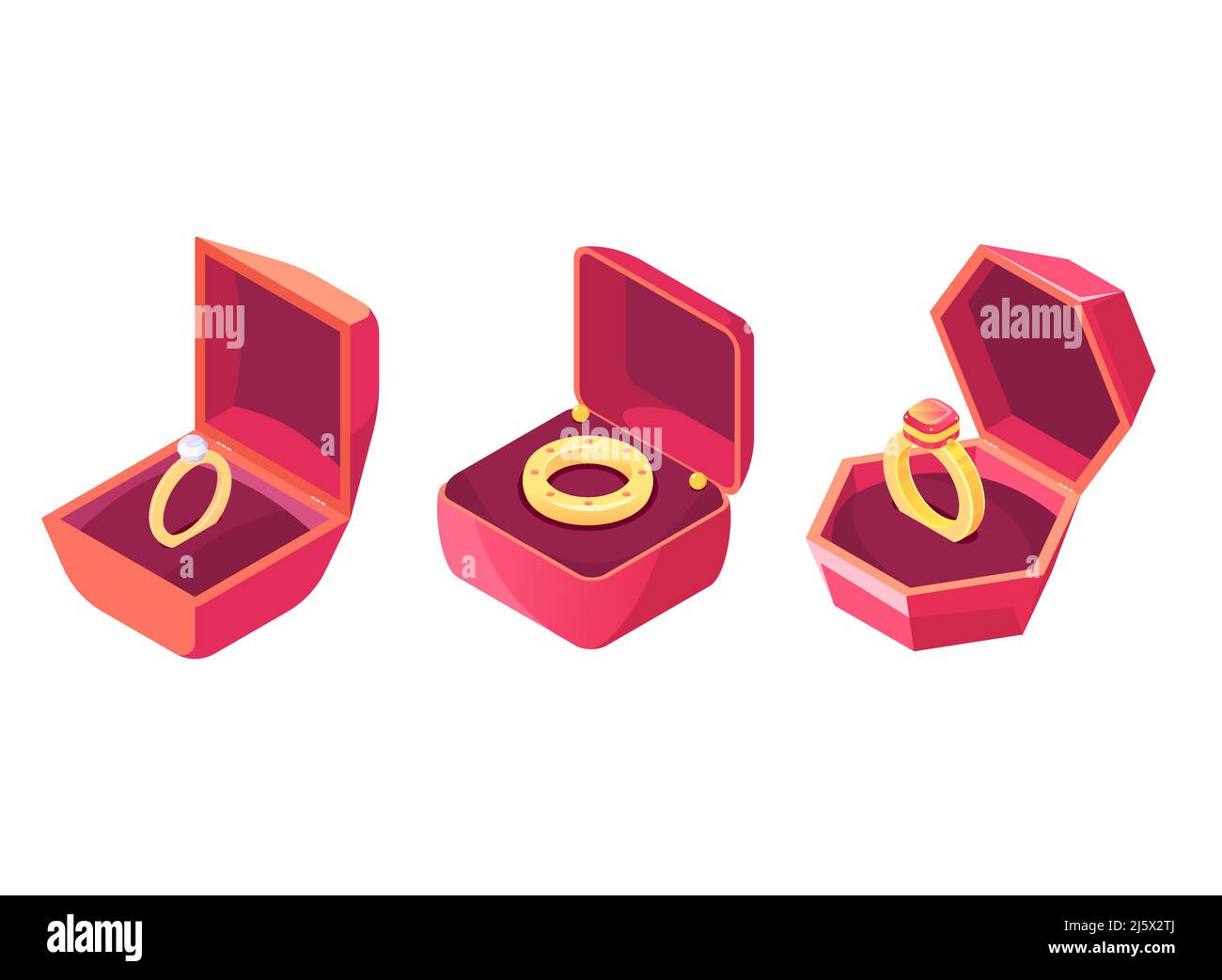 Matrimonio, anello d'oro intarsiato pietra preziosa, diamante o rubino in rosso aperto caso isolato, vettore isometrico set. Anniversario, Celebrazione di San Valentino Illustrazione Vettoriale