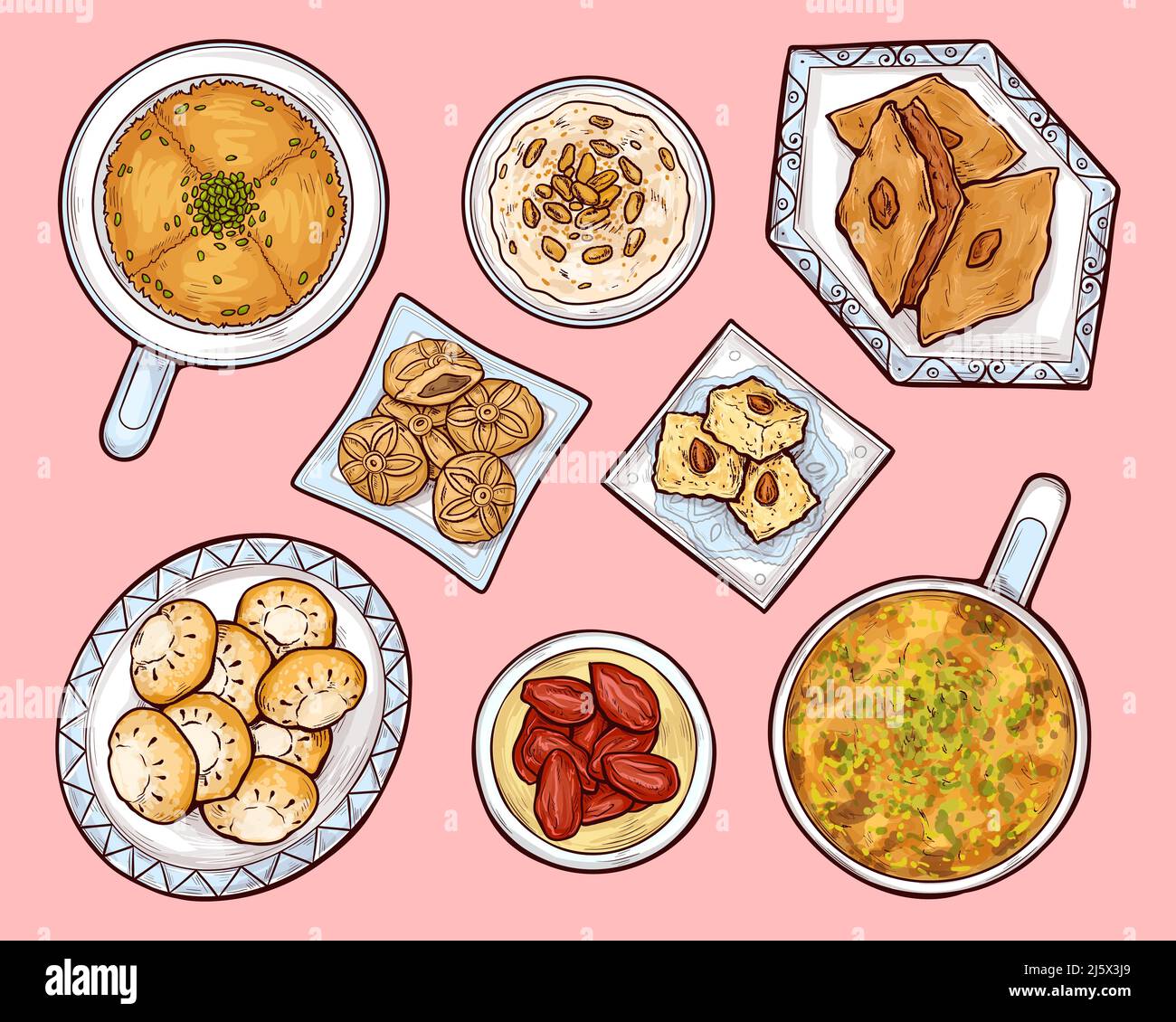 Vista dall'alto dei dolci arabi. Arabian ramadan cibo kunafa, maamul, budino di riso. Pasticceria della cucina orientale su piatti di porcellana con ornamenti etnici tradizionali Illustrazione Vettoriale