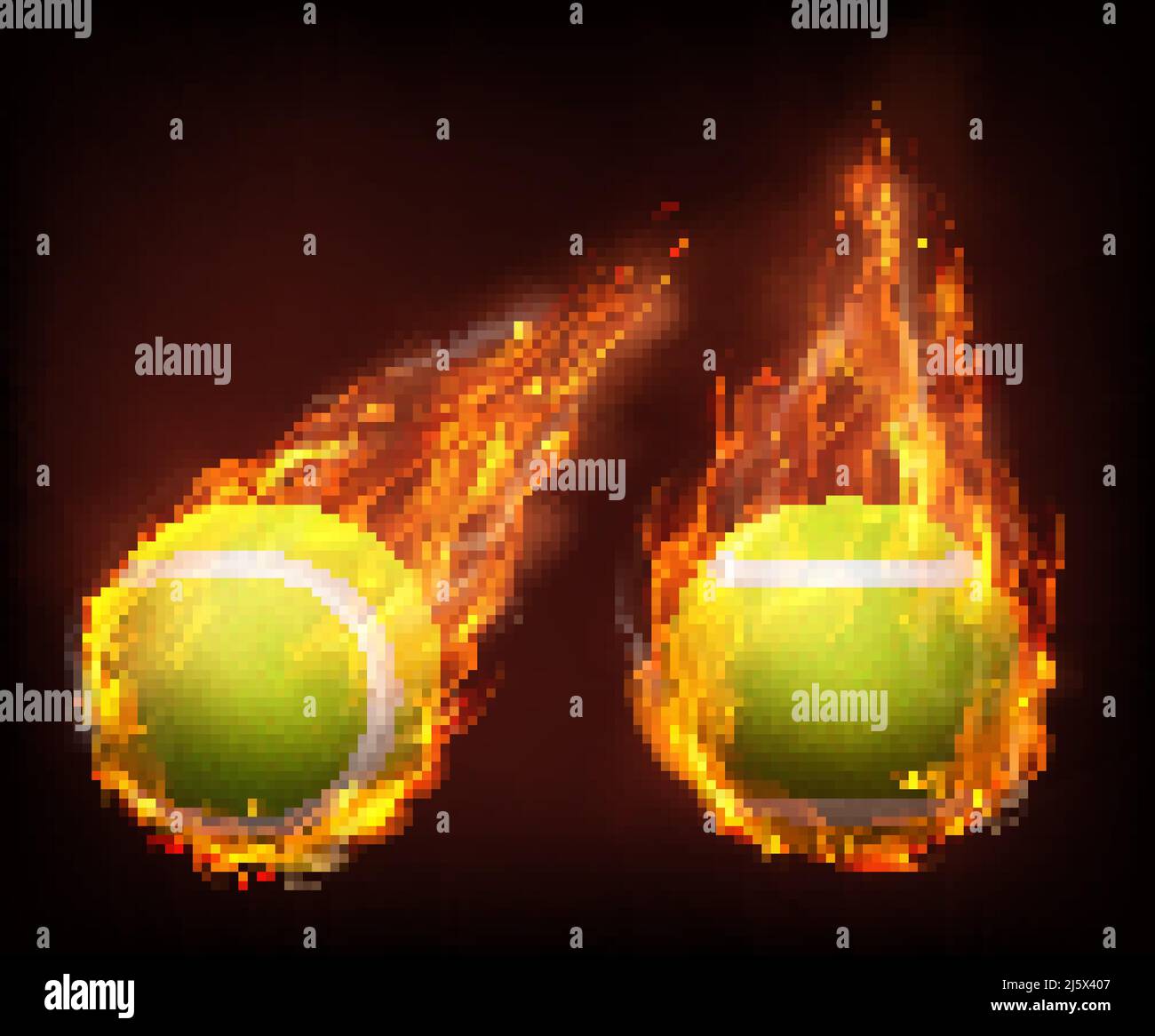 Palle da tennis che volano nel fuoco, cadono in fiamme lato, vista frontale, isolato 3D illustrazioni vettoriali realistiche. Annuncio negozio inventario sport racket, tennis c Illustrazione Vettoriale