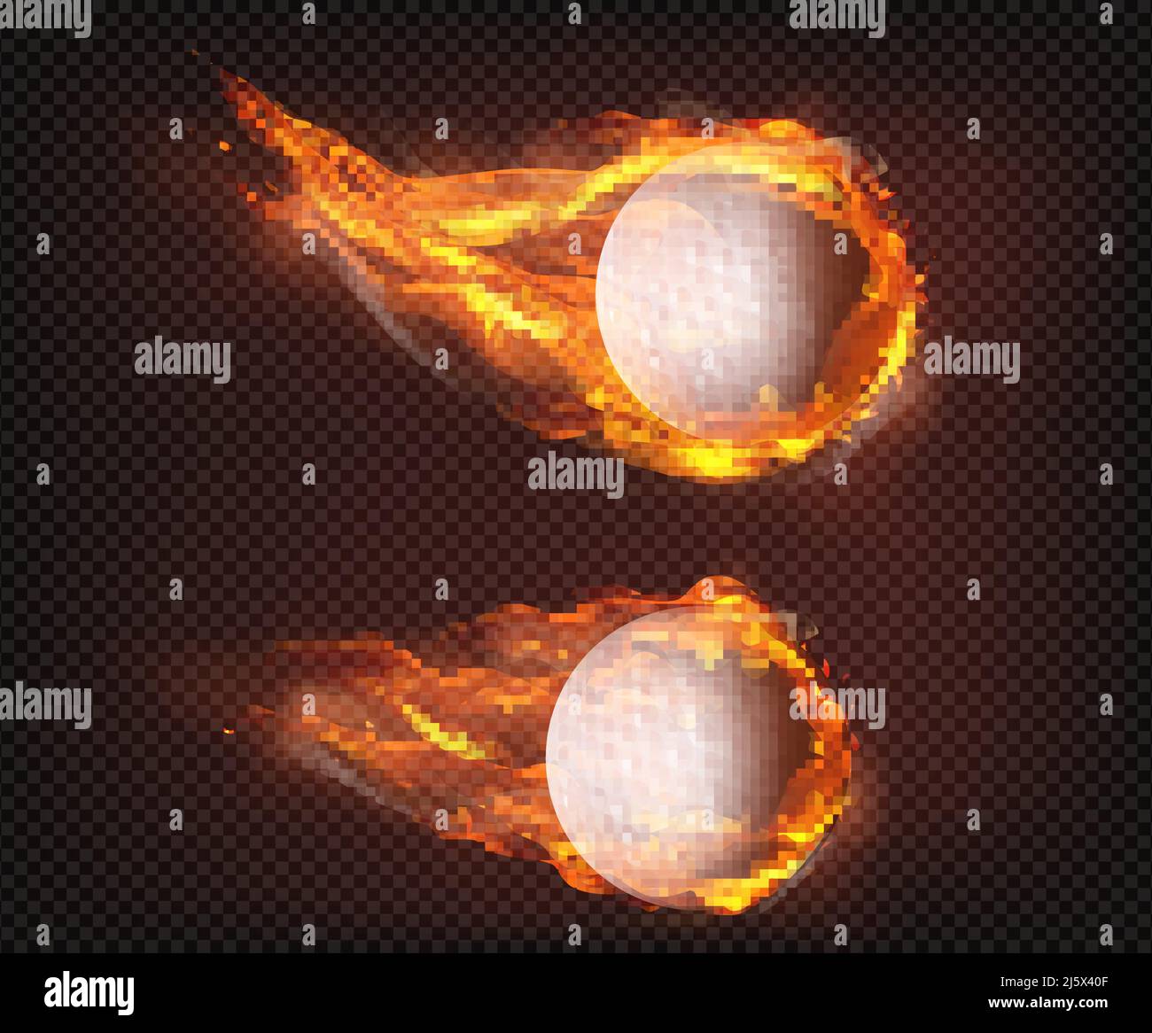Due palline da golf surriscaldate che volano, cadendo inghiottite in fiamme, sparando in aria, isolate 3D illustrazioni vettoriali realistiche. Logo del club sportivo, attrezzature Illustrazione Vettoriale