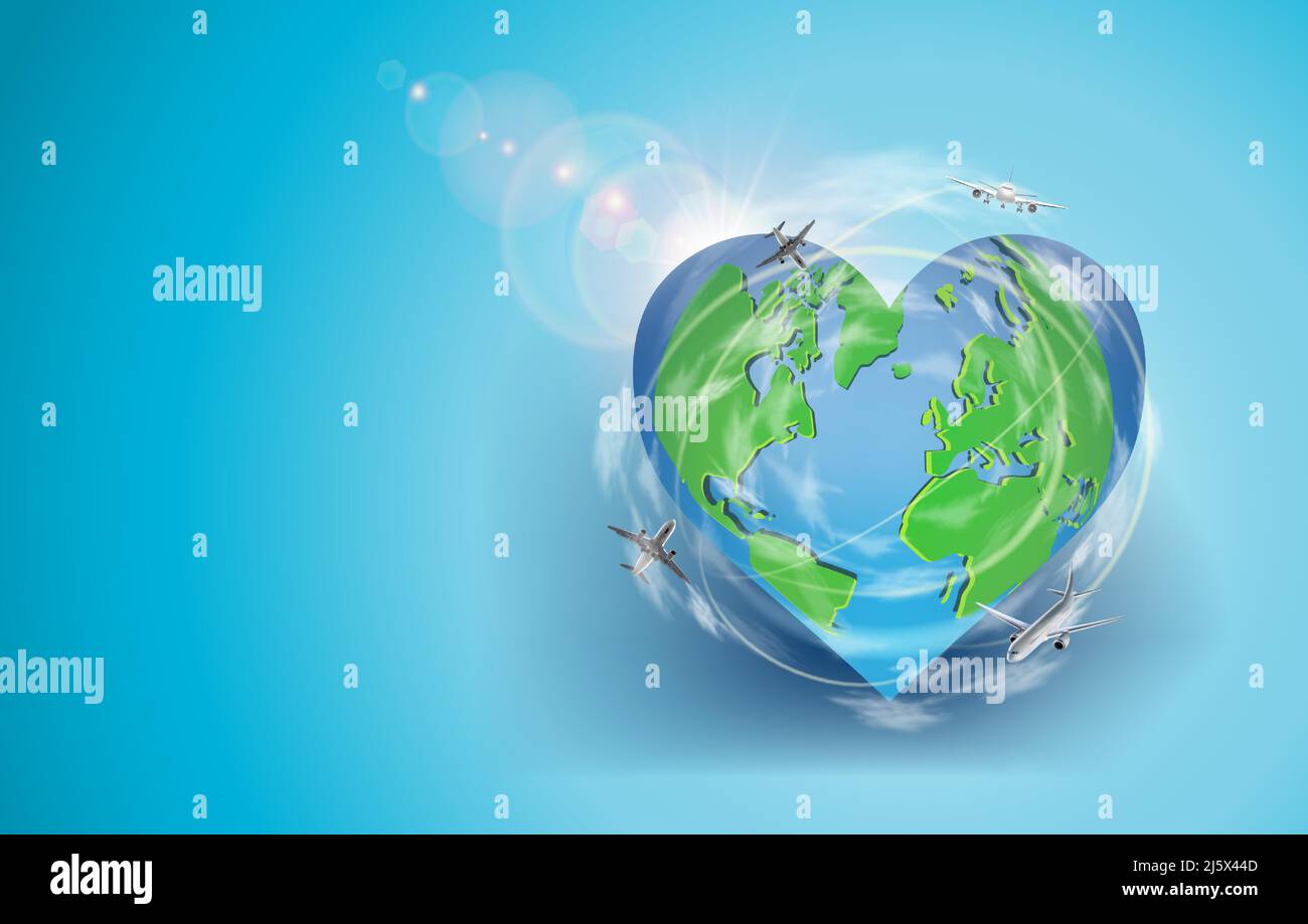 Nessuna bandiera di guerra. Giorno di pace. Terra a forma di cuore con luce solare e airplaine volanti. Illustrazione Vettoriale