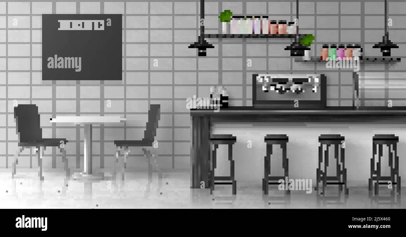Interno di una caffetteria in stile loft con sgabelli vicino al banco bar, macchina per il caffè, vetrata, lampade appesi, bottiglie su scaffali, scacchiera me Illustrazione Vettoriale