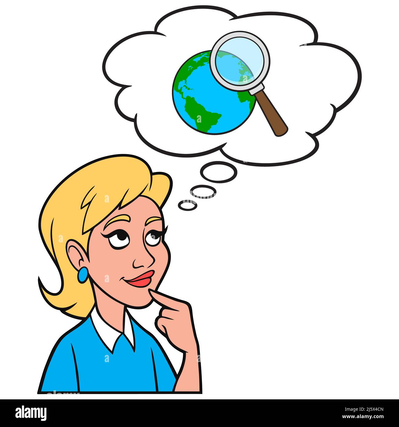 Girl Thinking About Global Research - un'illustrazione cartoon di una Girl Thinking About Global Research. Illustrazione Vettoriale