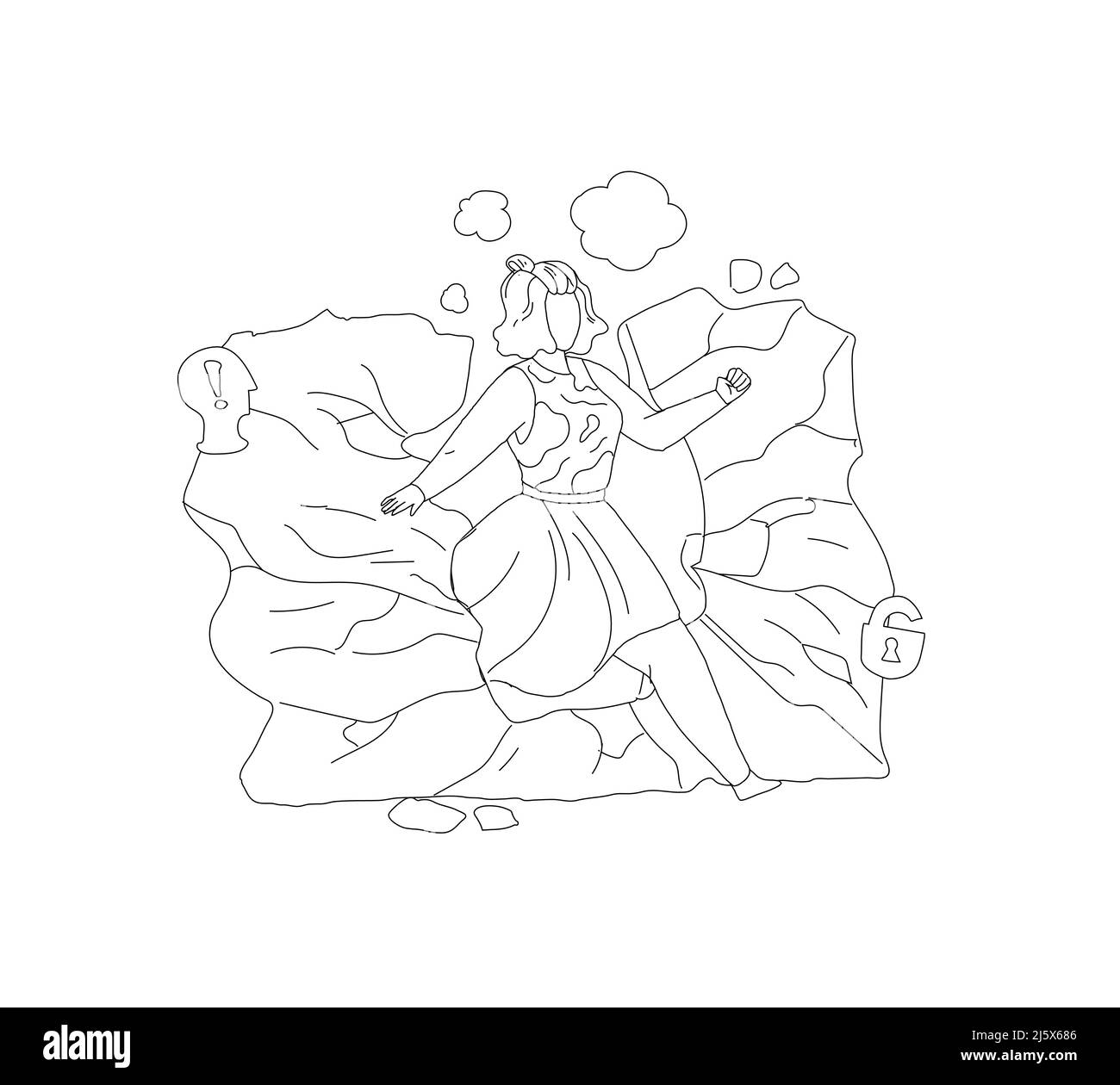 Donna cammina attraverso il vettore di contorno del muro di pietra Illustrazione Vettoriale