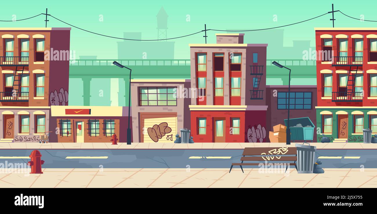 Strada della città sporca, zona di quartiere ghetto slum vuoto con case povere edifici con pareti di graffiatura si erigono a lato della strada con bidoni di lettiera sovraccarica a Illustrazione Vettoriale