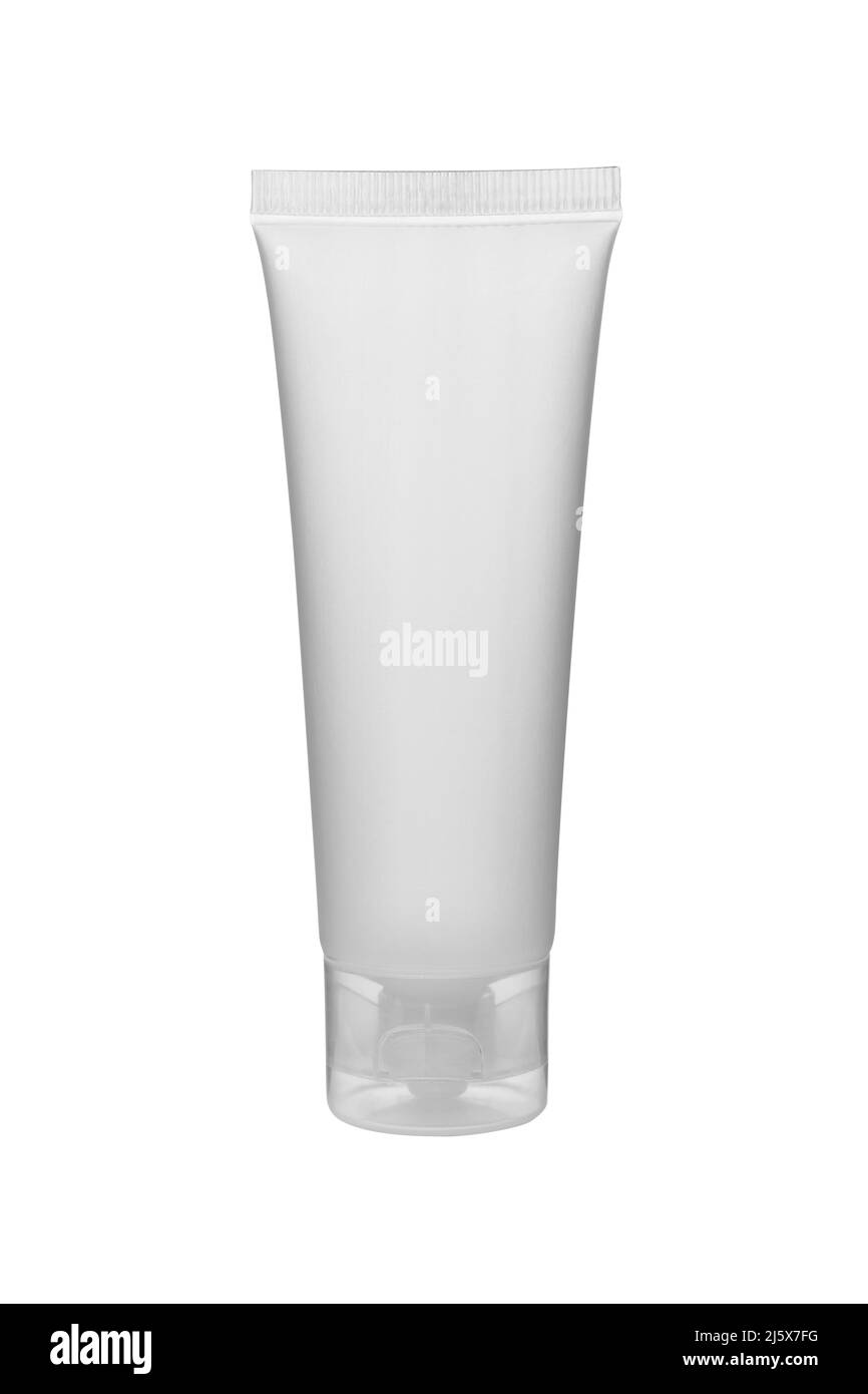 Tubo in plastica bianca lucida per medicina o cosmetica - crema, gel, cura della pelle, dentifricio. Confezione realistica con coperchio ribaltabile isolato su bianco Foto Stock