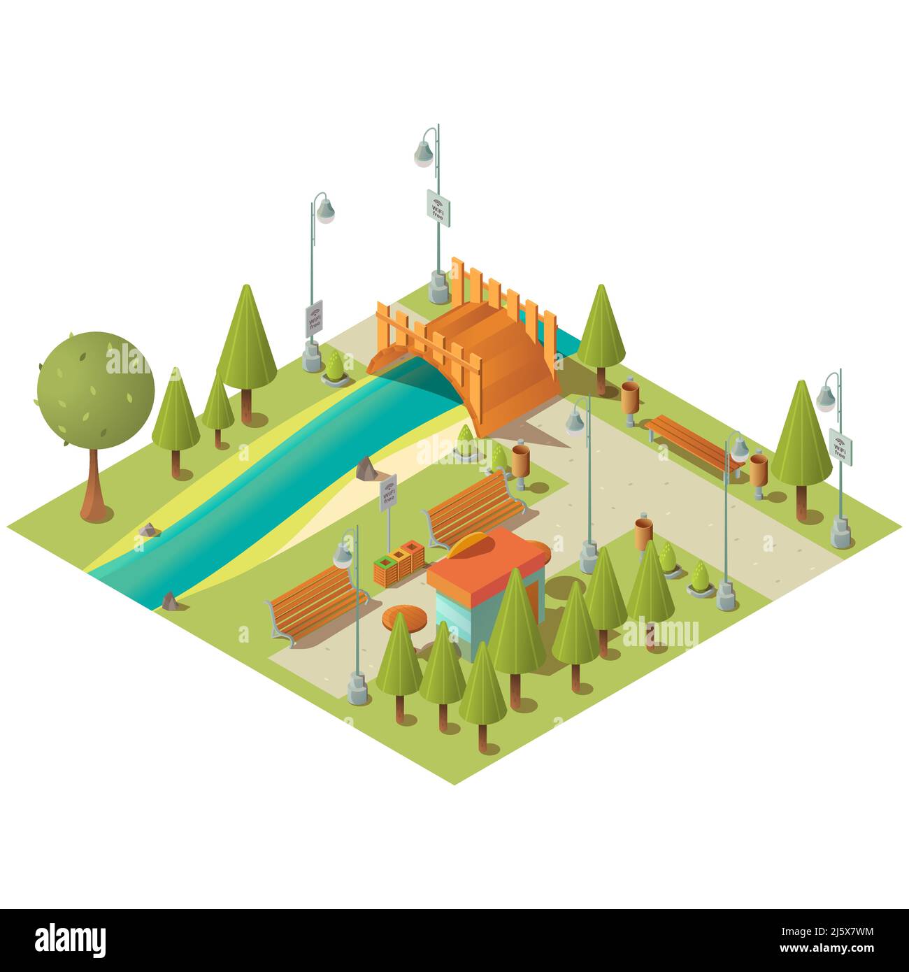Paesaggio isometrico del parco verde della città con fast food chiosco. Giardino della città con prati in erba, panchine e ponte sul fiume. Mappa vettoriale 3D della Restr. Pubblica Illustrazione Vettoriale