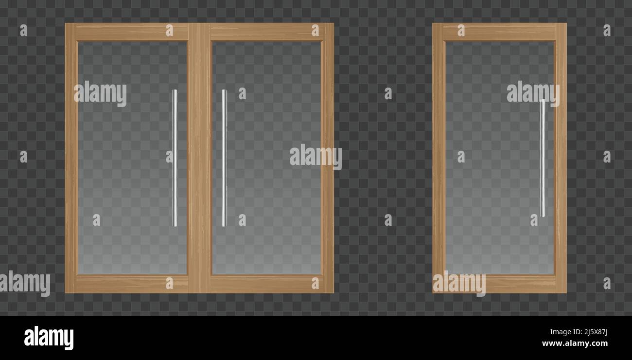 Porte in vetro trasparente con telaio in legno per ufficio, casa o negozio isolato su sfondo trasparente. Set vettoriale realistico di porte singole e doppie con Illustrazione Vettoriale