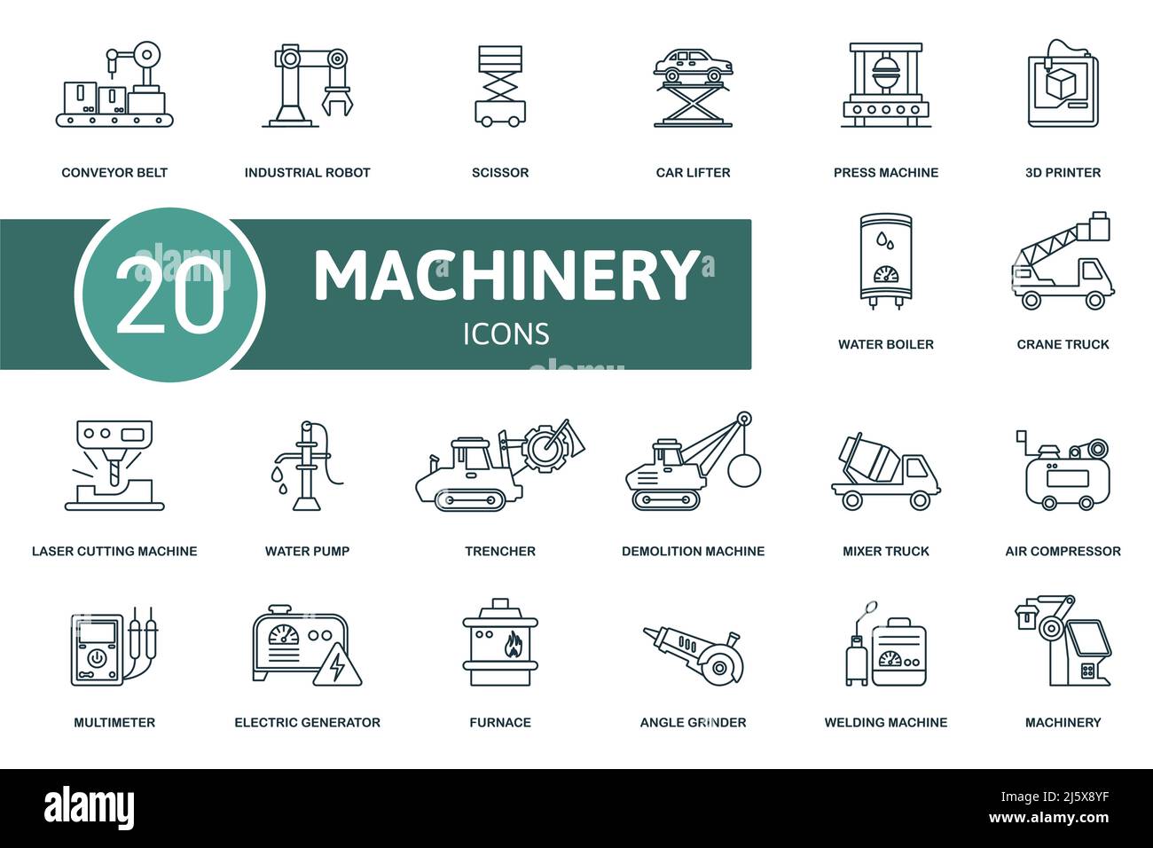 Set di icone dei macchinari. Contiene icone modificabili tema macchinari come robot industriale, sollevatore auto, stampante 3D e altro ancora. Illustrazione Vettoriale