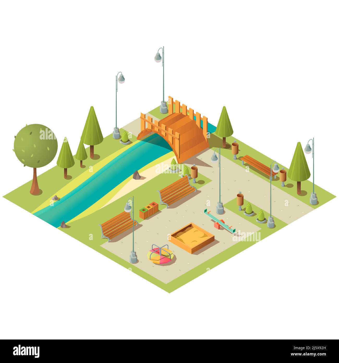 Paesaggio isometrico del parco verde della città con parco giochi. Area giardino con prati in erba, panchine e ponte sul fiume. Carosello vettoriale 3D, altalena Illustrazione Vettoriale