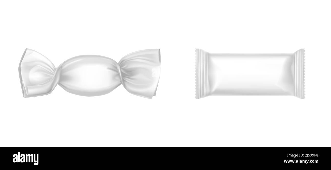Confezioni bianche di caramelle, fogli bianchi o confezioni di carta per lecca lecca e bustine di dolciumi elementi di design per la produzione di pubblicità mock up. Reale Illustrazione Vettoriale
