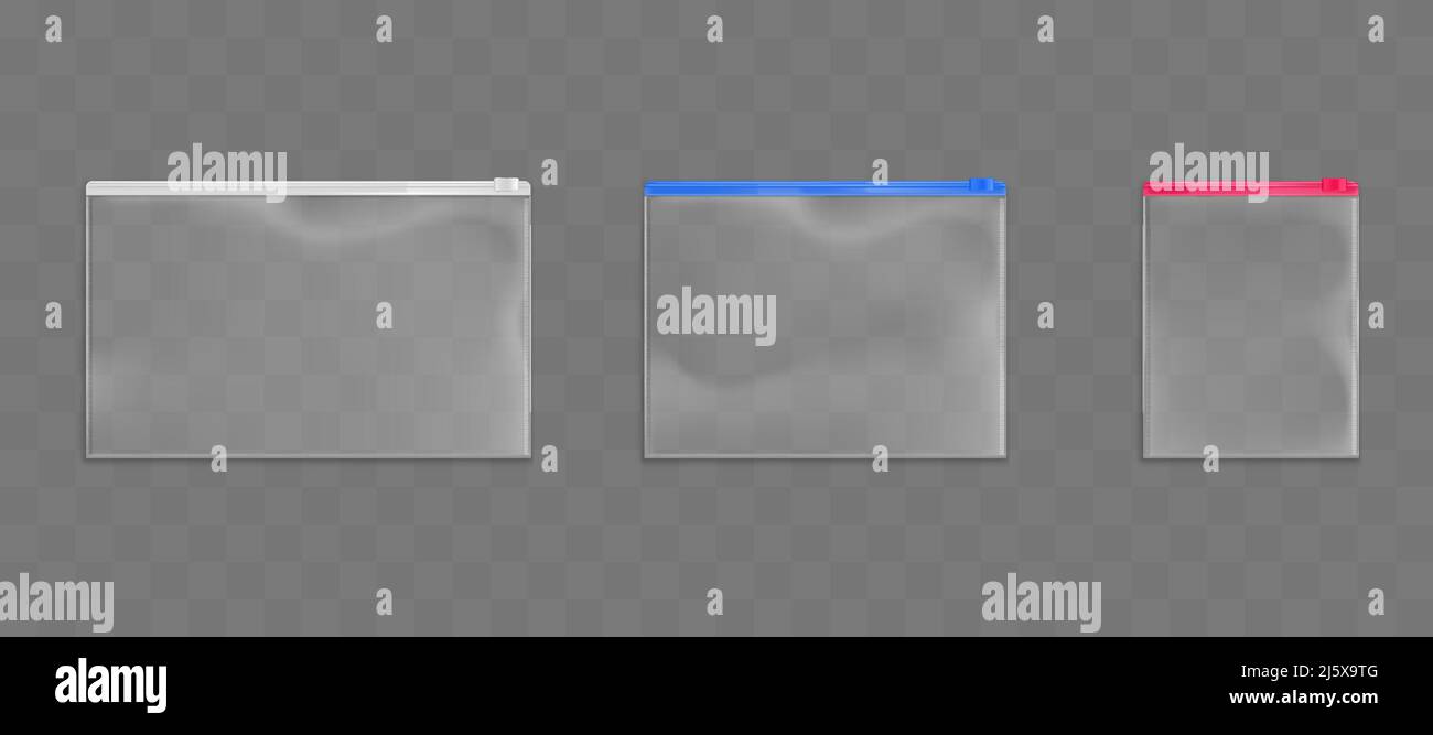 Set di sacchetti con zip in plastica, buste vuote di colore bianco, rosso e blu con zip isolate su sfondo trasparente. Confezioni vuote impermeabili e disassabili simulate Illustrazione Vettoriale