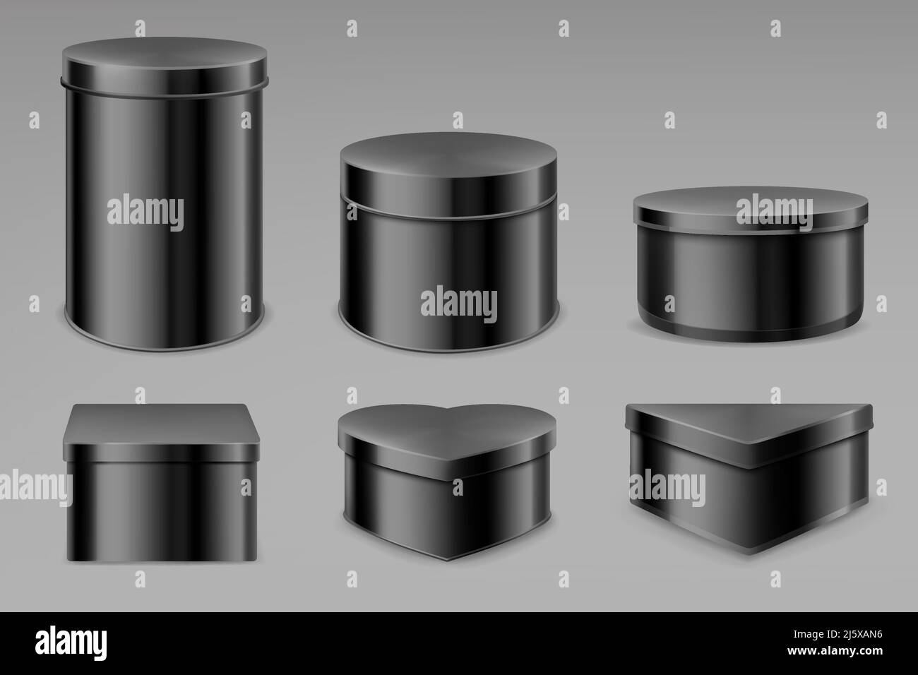 Set scatole in lattina nera, vasetti bianchi per tè, caffè, spezie o caramelle. Bottiglie mockup, diverse forme lattine per il confezionamento di prodotti secchi biscotti, caramelle Illustrazione Vettoriale