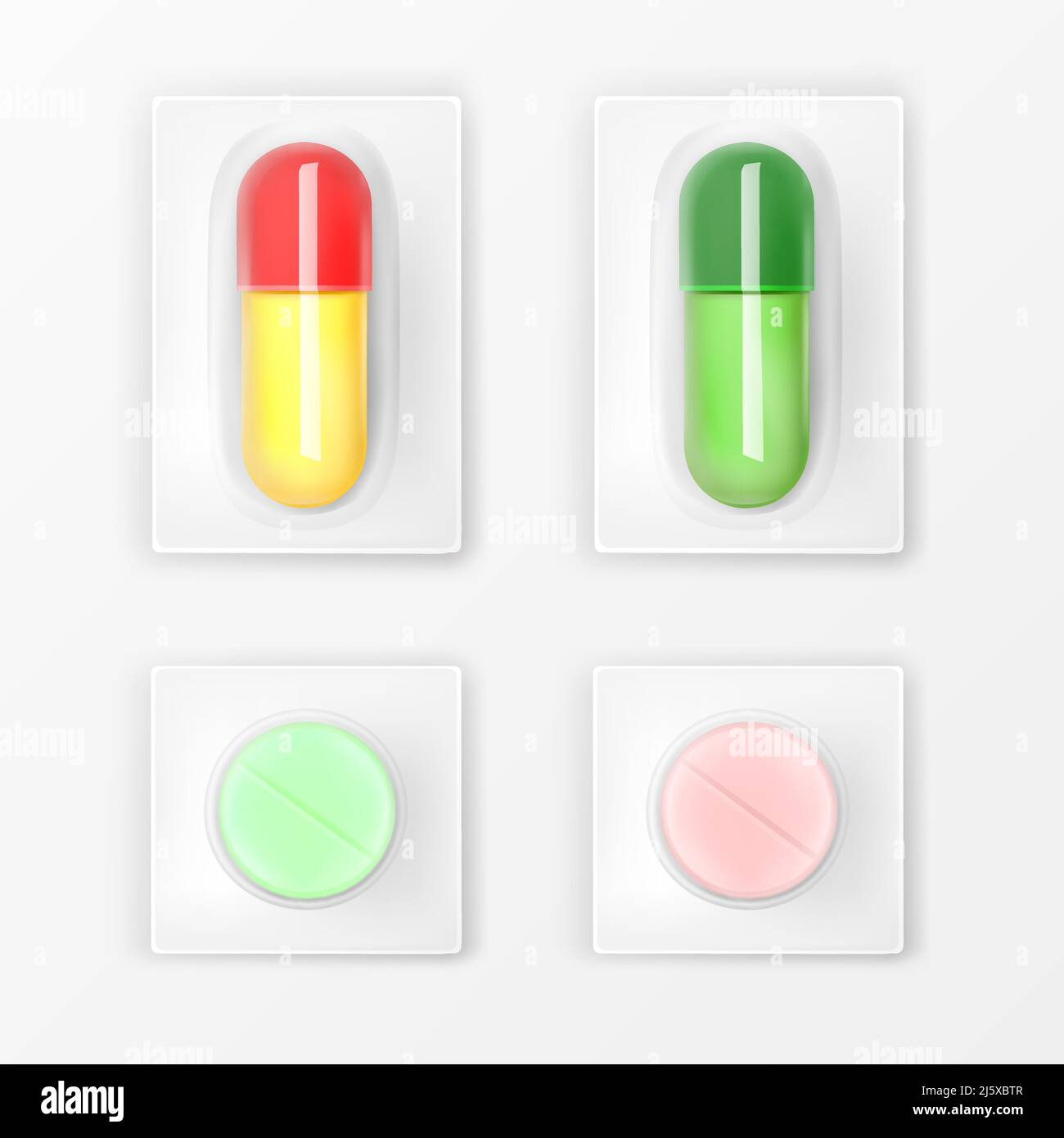 Confezioni blister da pillole, compresse e capsule colorate mock-up isolato su sfondo bianco. Antidolorifici elementi di progettazione per med Illustrazione Vettoriale