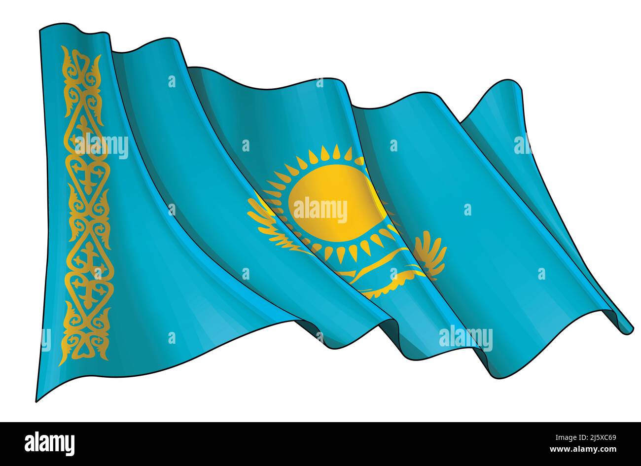 Illustrazione vettoriale di una bandiera ondulata del Kazakistan. Tutti gli elementi in modo preciso su livelli e gruppi ben definiti. Illustrazione Vettoriale
