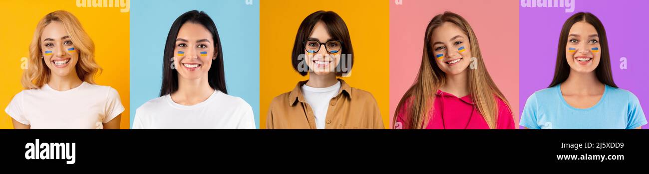 Set di foto femminili con bandiera dipinta di Ucraina sui volti Foto Stock