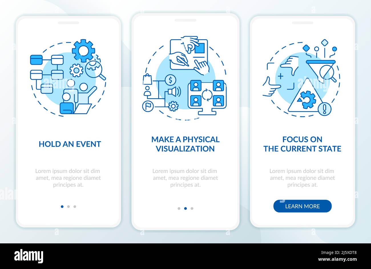 Best practice per la mappatura del flusso di valore schermata blu delle app mobili onboarding Illustrazione Vettoriale