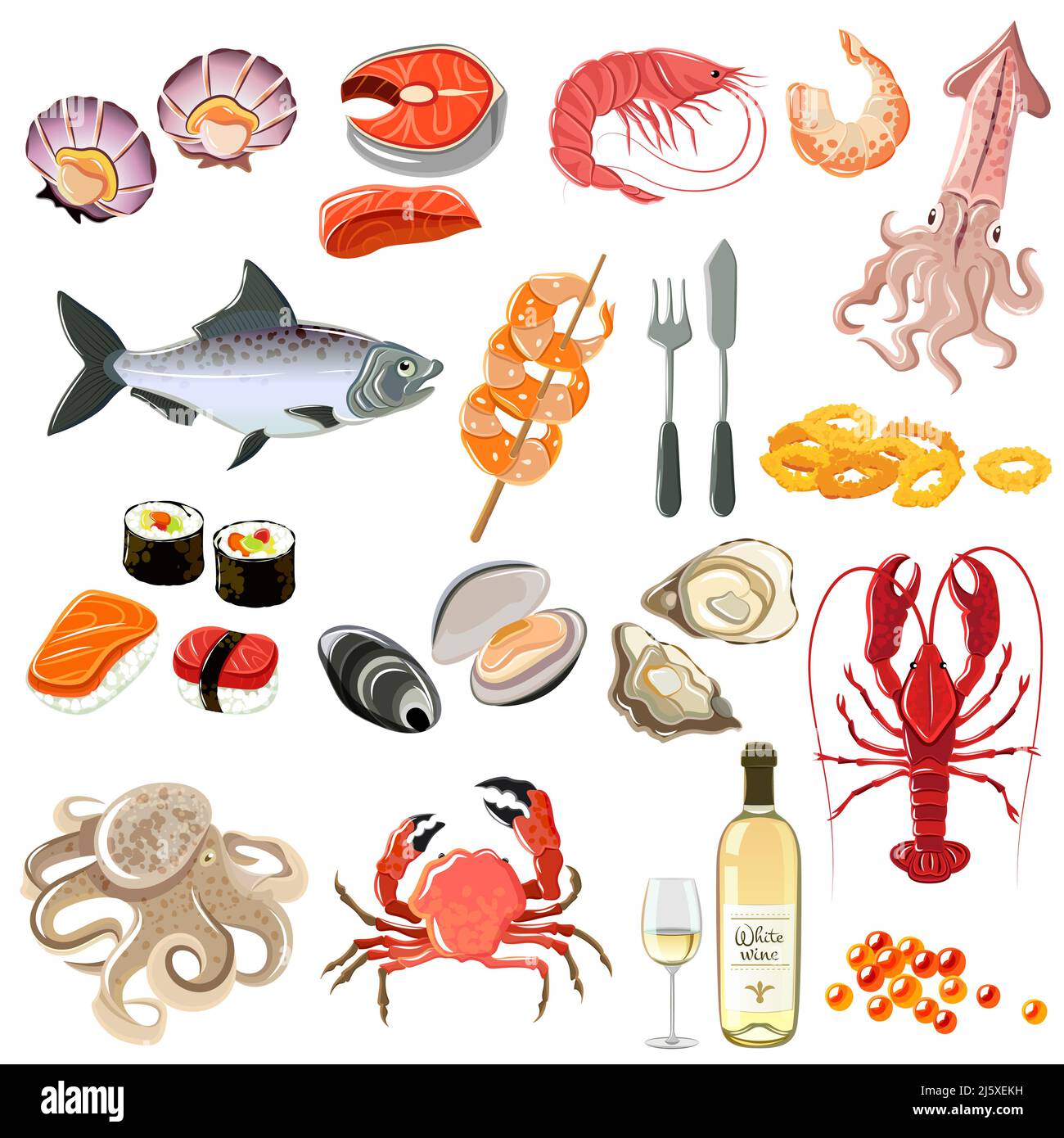 Icone di pesce con gamberi di aragosta di sushi e vino bianco illustrazione vettoriale isolata in flacone Illustrazione Vettoriale