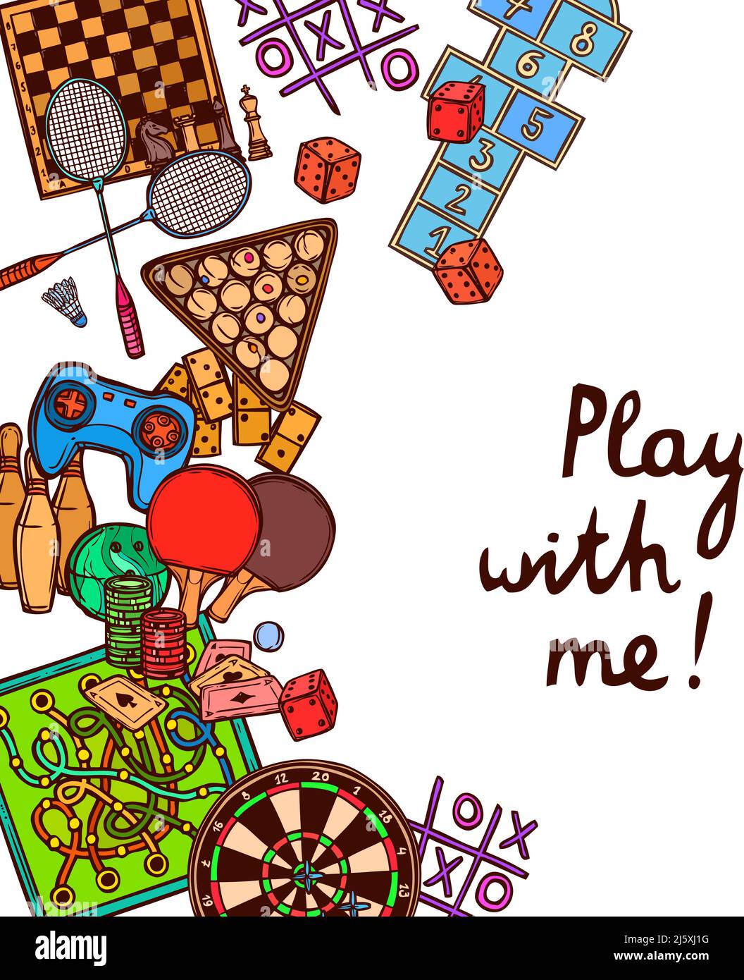 Giochi di sport e gioco d'azzardo schizzo sfondo colorato con giocare con me testo illustrazione vettoriale. Illustrazione Vettoriale