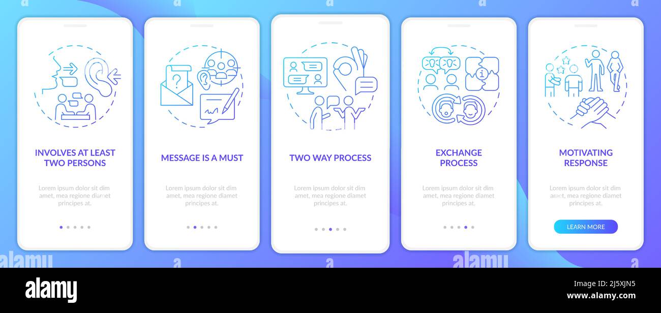 Schermata dell'app mobile di onboarding con gradiente blu per gli aspetti della comunicazione Illustrazione Vettoriale