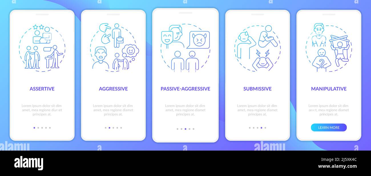 Schermata dell'app mobile di onboarding con gradiente blu per i modelli di comunicazione Illustrazione Vettoriale