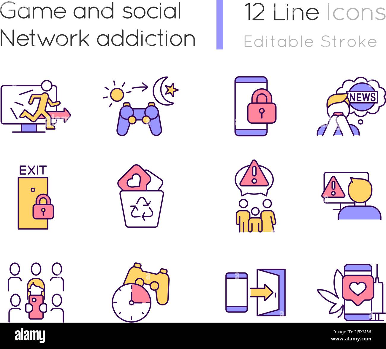 Giochi e dipendenza dai social network icone a colori RGB impostate Illustrazione Vettoriale