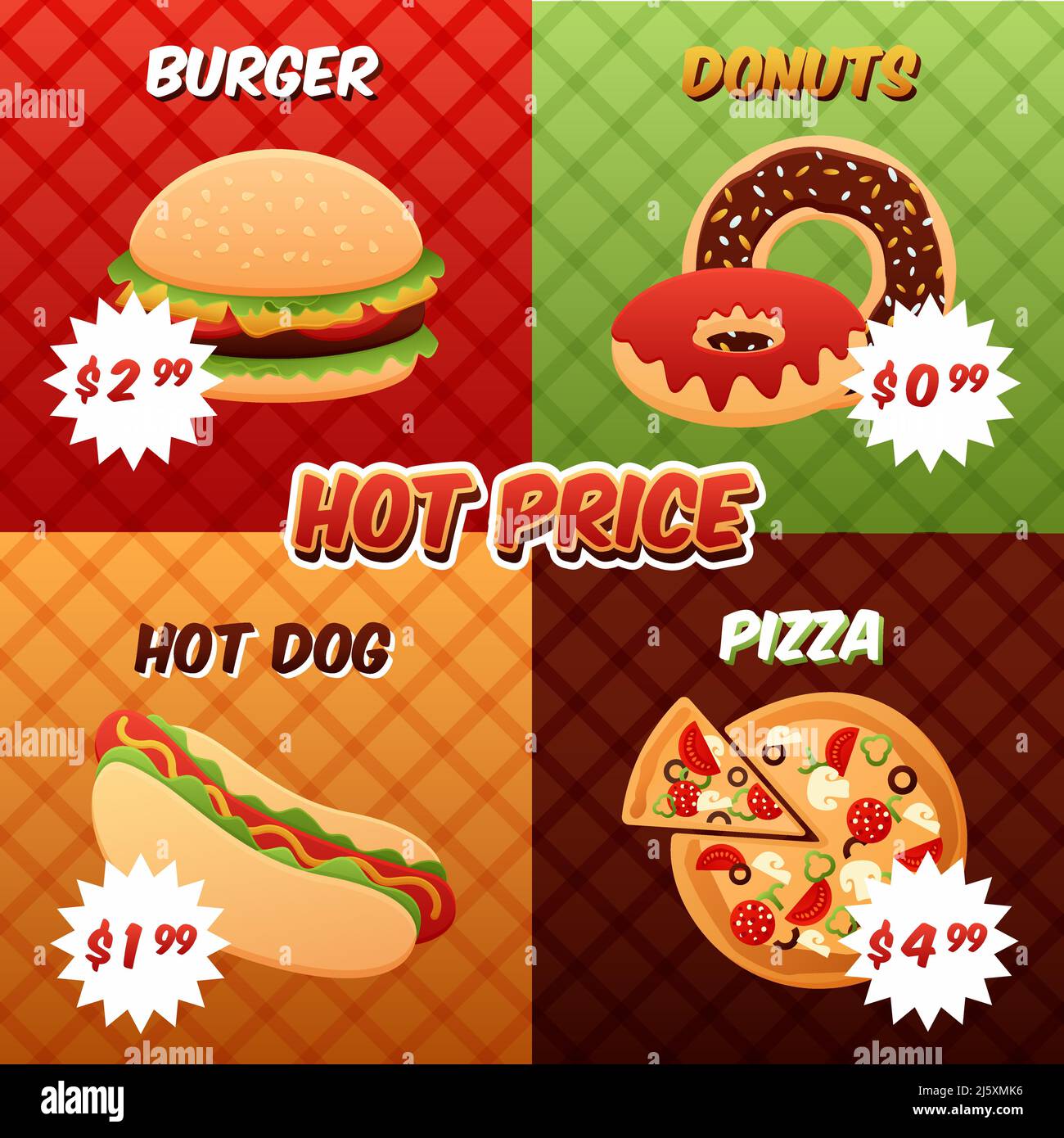 Set di mini poster fast food con hamburger ciambelle hot dog pizza promos illustrazione vettoriale isolata Illustrazione Vettoriale