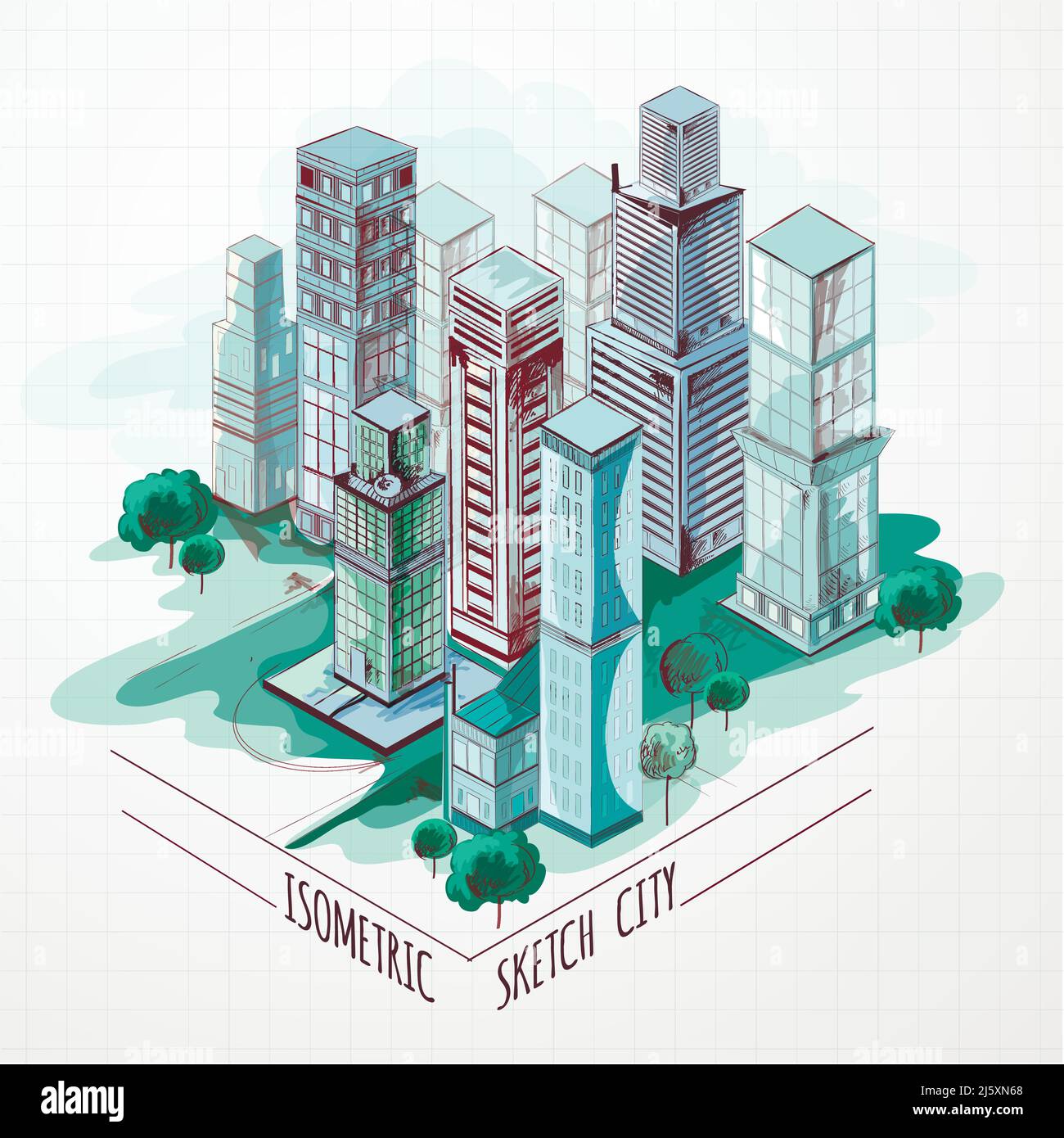 Disegno isometrico moderno centro città architettonico metropolitano paesaggio colorato vettore illustrazione Illustrazione Vettoriale