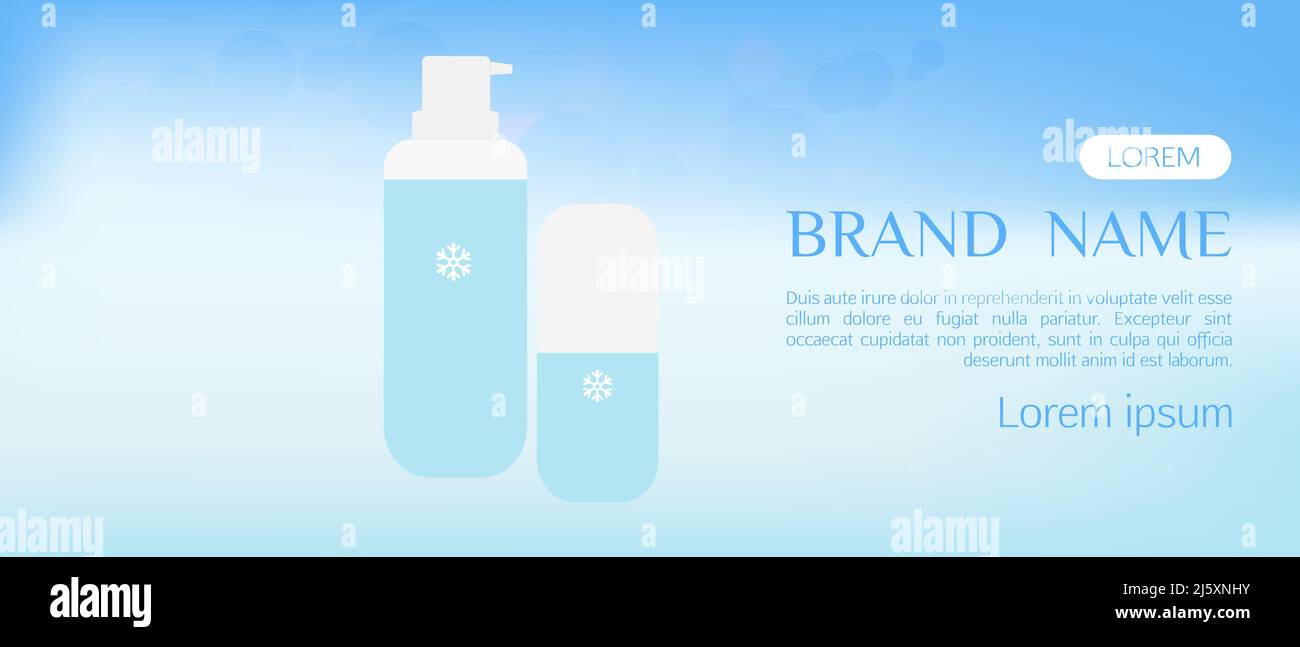 Tubi cosmetici invernali su superficie ghiacciata con perle su fondo di neve deriva, cosmetici di bellezza bottiglie di prodotto set mock up line, blu bottiglie gel, crema, Illustrazione Vettoriale