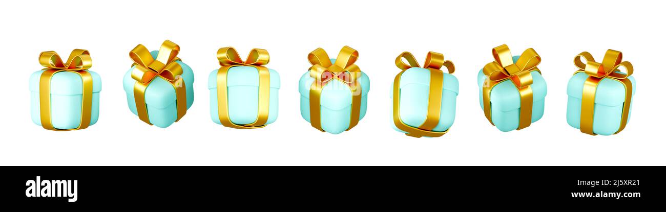 Scatole regalo blu con archi d'oro isolati su sfondo bianco in diverse viste Foto Stock