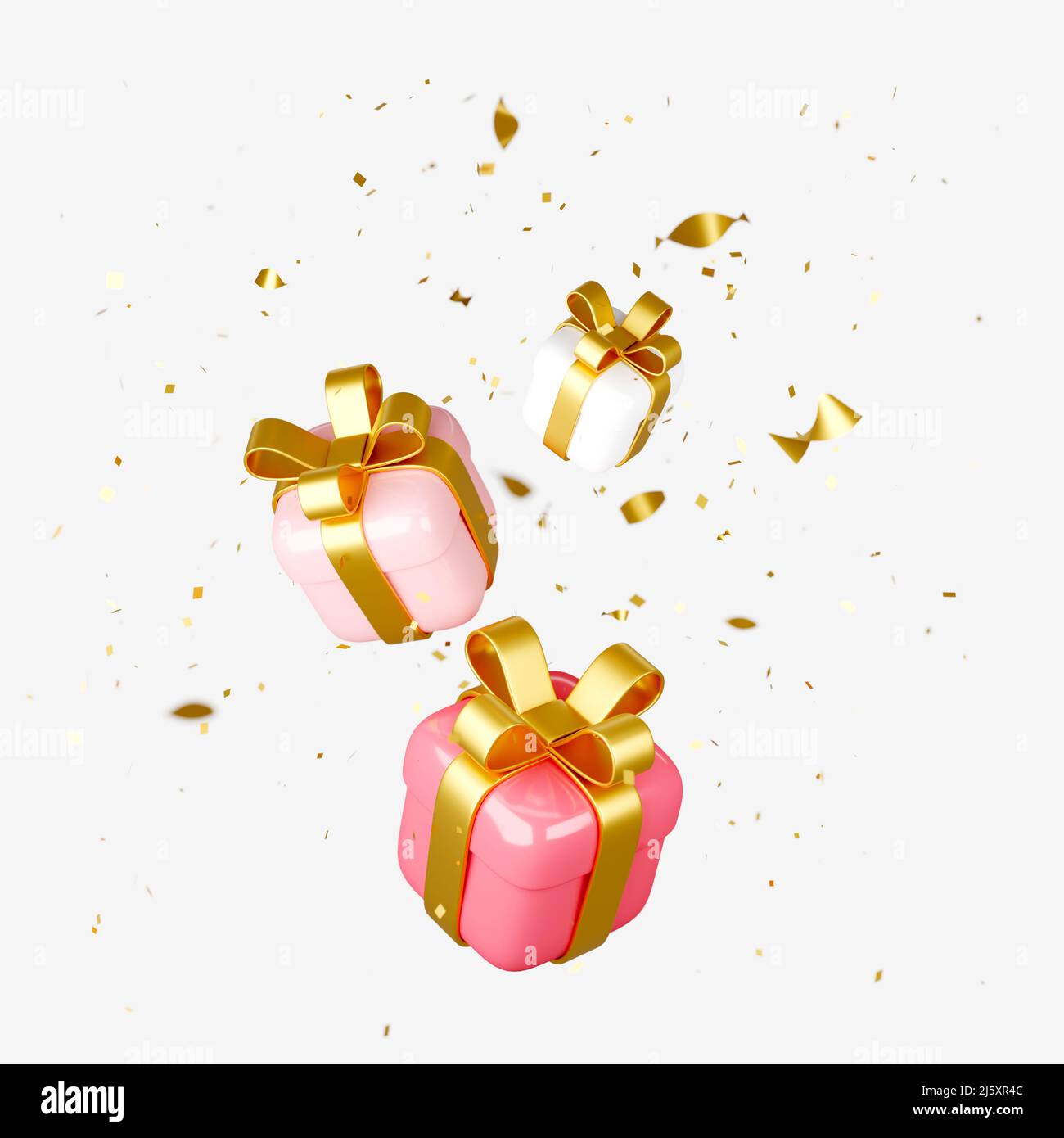 Scatole regalo rosse, rosa e bianche e confetti d'oro su sfondo bianco Foto Stock