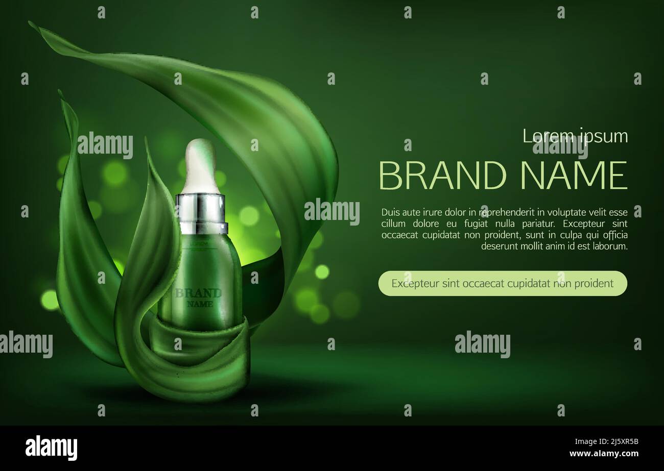 Banner pubblicitario mock-up per tubo cosmetico, prodotto di bellezza biologico, olio naturale per la cura della pelle o bottiglia per siero per pipette su sfondo verde con schizzi o lle Illustrazione Vettoriale