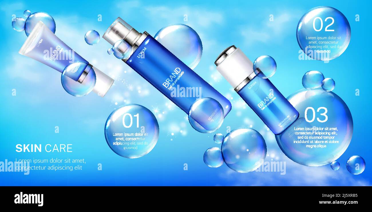 Le provette cosmetiche simulano il banner, la routine dei passi per la cura della pelle, le bottiglie di prodotti cosmetici di bellezza su sfondo blu con bolle d'aria volanti. Lozione, crema, ge Illustrazione Vettoriale