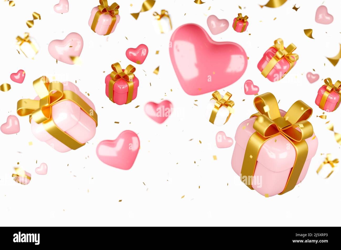 Scatole regalo rosse, rosa e bianche e cuori che cadono su sfondo chiaro Foto Stock