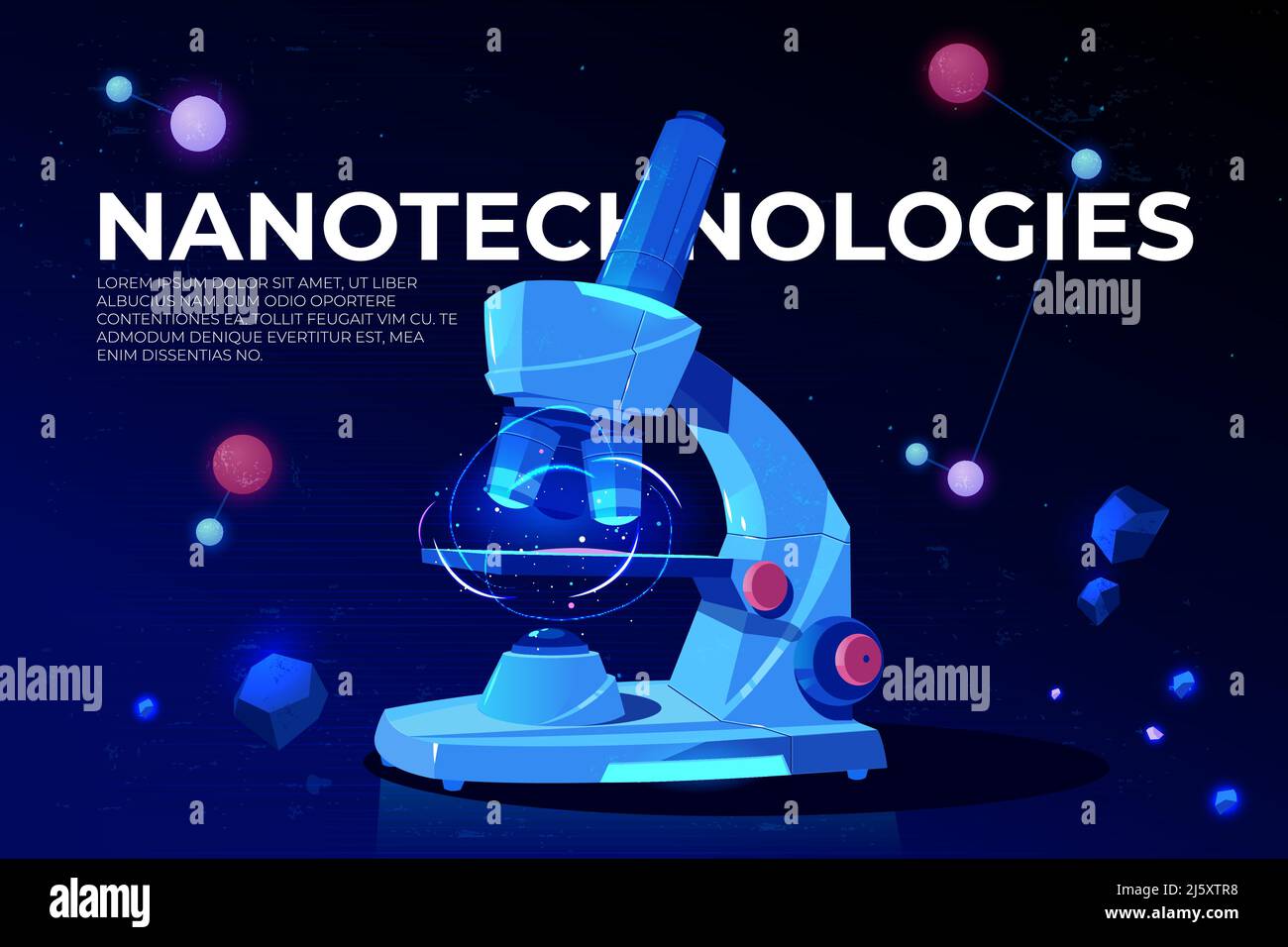 Nanotecnologie cartoni animati vettore concettuale, poster con microscopio da laboratorio e micro mondo elementare particelle, atomi o molecole illustrazione. M Illustrazione Vettoriale