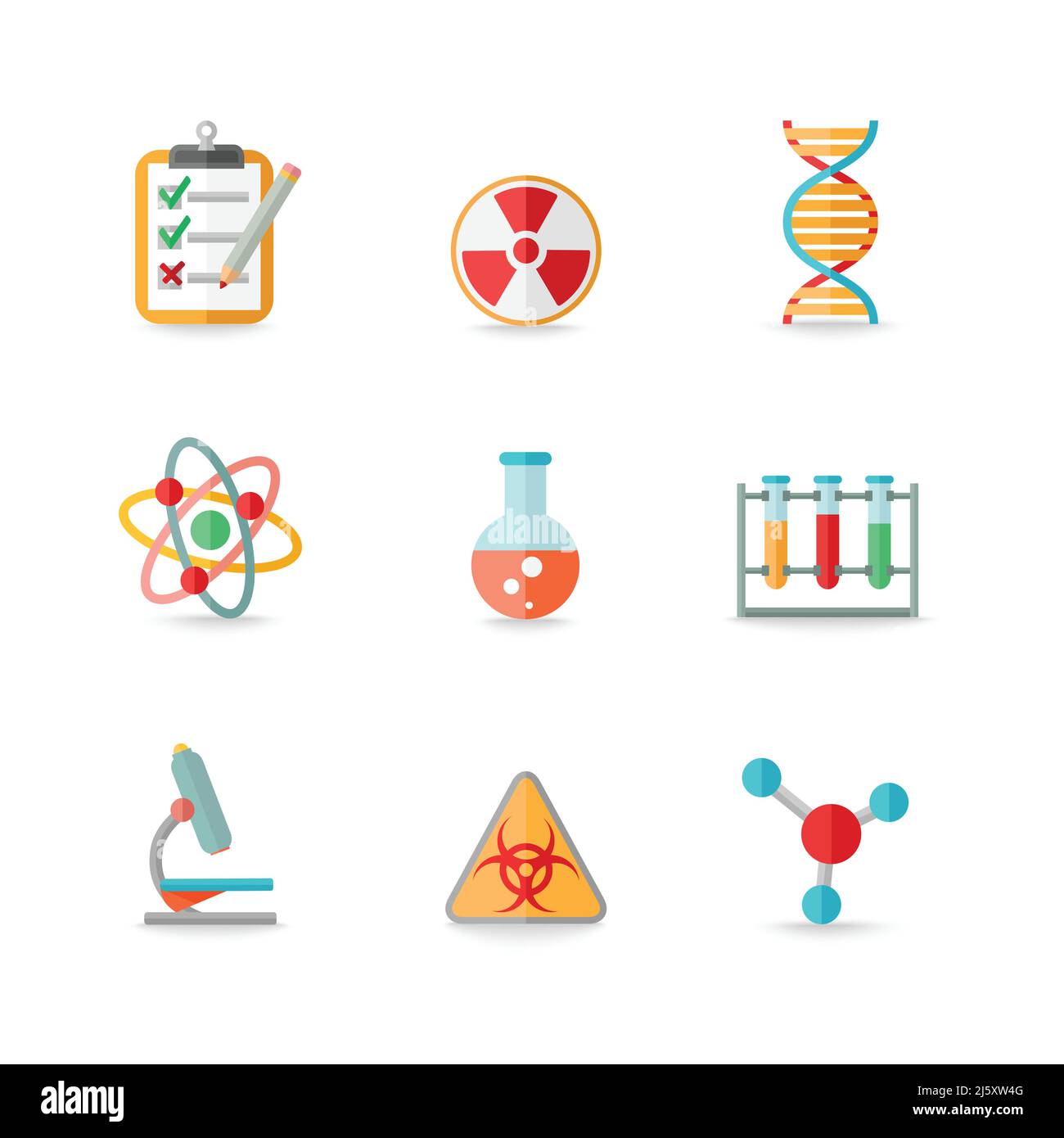 Apparecchiatura di laboratorio di chimica scientifica di simboli di dna di atomi di vetro di storta le icone impostano l'illustrazione vettoriale isolata Illustrazione Vettoriale