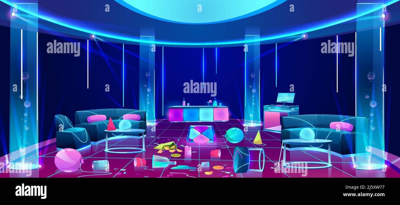 Disordine e caos in nightclub vuoto dopo il fine settimana partito cartoon vettore concetto con palloncini, tazze di carta, vetri rotti, capovolto mobili, Illustrazione Vettoriale