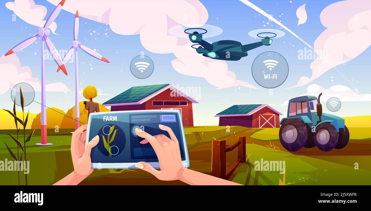 Agricoltura intelligente, tecnologie futuristiche nell'industria agricola. Tablet con app per impianti di controllo in crescita, drone, mulini a vento, pannelli solari, aut agricoli Illustrazione Vettoriale