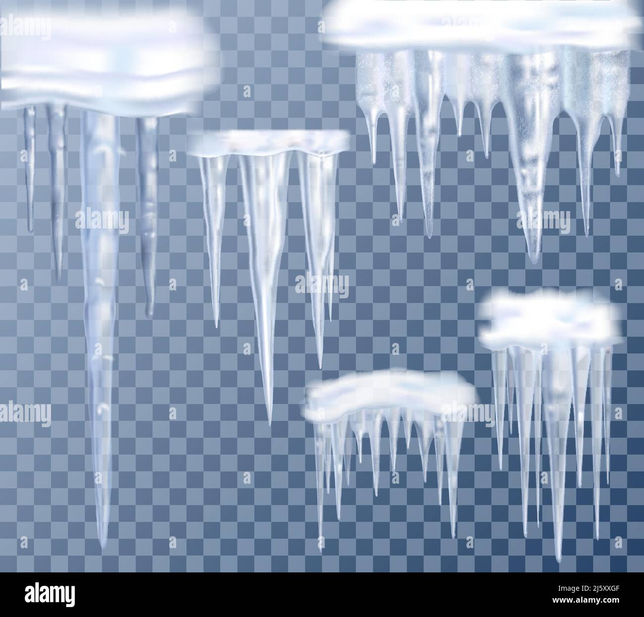 Set trasparente realistico di grandi icicles per decorazione immagine vettoriale isolata Illustrazione Vettoriale