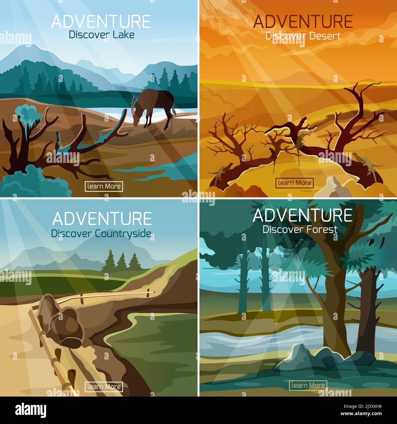 Natura selvaggia paesaggi 4 icone piatte composizione banner set con campagna foresta lago astratto isolato vettore illustrazione Illustrazione Vettoriale